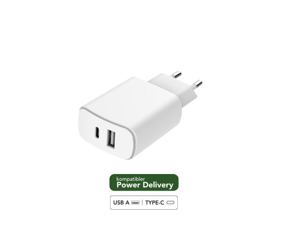 37W (12+25W) dual USB A+C PD Power Delivery Recyclable Wall Charger White Just Green
