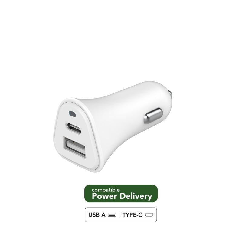 Chargeur voiture Recyclable Blanc USB A+C PD 37W (12+25W) Power Delivery Just Green