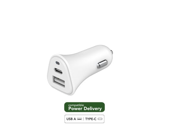 Chargeur voiture Recyclable Blanc USB A+C PD 37W (12+25W) Power Delivery Just Green